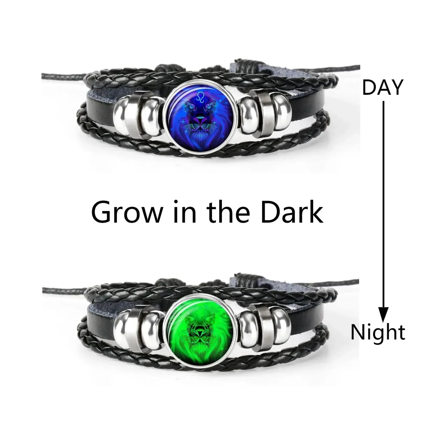 12-Sternbild-Sternzeichen, schwarzes geflochtenes Lederarmband, Krebs, Löwe, Jungfrau, Waage, gewebte Glaskuppel, Schmuck, Punk-Männerarmband