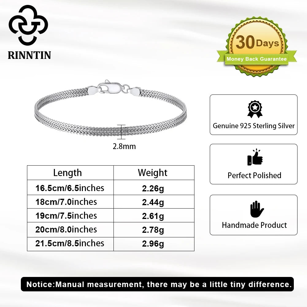 Rinntin Armbänder aus 925er-Sterlingsilber, 2,8 mm, flache Netzkette, hochwertige Armreifkette, einfache Damen- und Herren-Accessoires für den täglichen Gebrauch SB216