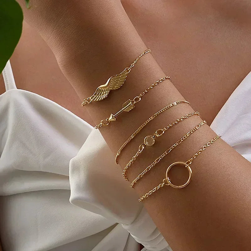 5 teile/satz Mode Silber Farbe Herz Perlen Kette Armbänder für Frauen trend ige geometrische Armbänder Set Party Schmuck Accessoires