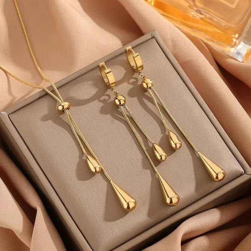 Edelstahl geometrische tropfenförmige Quaste Halskette Ohrringe für Frauen neue Party Geschenk Gold Farbe wasserdicht Schmuck Forexernosрия