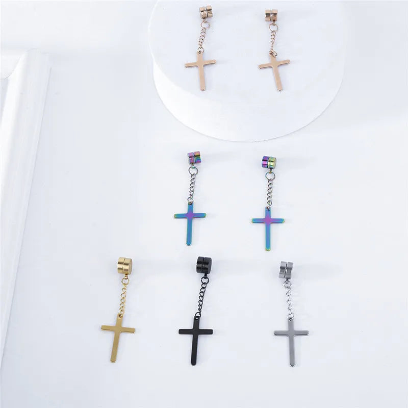 Punk Kreuz Anhänger Quaste Edelstahl Ohrringe Magnet Mode Geometrische Clip Ohr Schmuck Party Geschenke Für Frauen Männer