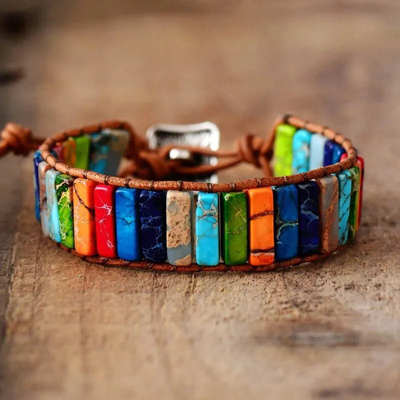 Böhmisches mehrfarbiges Kaiserstein-Armband, 7-Chakra-Heilung, rechteckige Steine, Armband, Lederseil, gewebter Armreif, Handgelenkschmuck