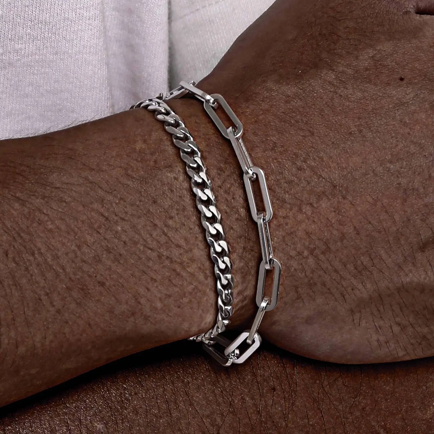 Stilvolle kubanische Kettenarmbänder für Herren, 2 Stück/Set Edelstahl gestapeltes rechteckiges Kettenarmband, Hip-Hop-Kausal-Schmuckgeschenk