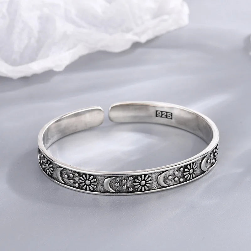 Retro-Persönlichkeit, Stern, Mond und Blume, 925er Sterlingsilber, modische Ins-Style-Öffnungsarmbänder SL103