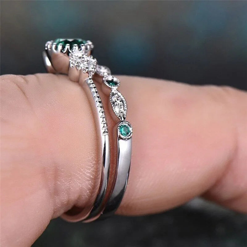 Ring-Set aus 925er-Sterlingsilber mit Smaragd-Zirkon-Kristallen für Damen, Verlobung, Hochzeit, Glamour-Schmuck, Geschenke