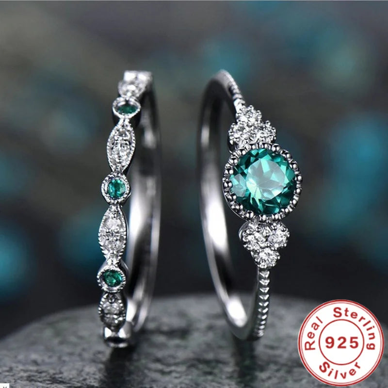 Ring-Set aus 925er-Sterlingsilber mit Smaragd-Zirkon-Kristallen für Damen, Verlobung, Hochzeit, Glamour-Schmuck, Geschenke