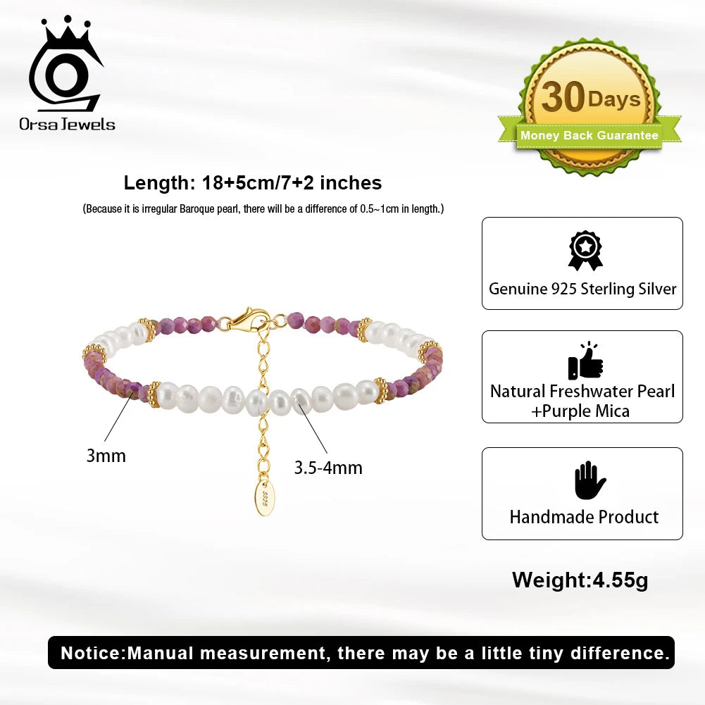 ORSA JEWELS Armband mit natürlichen Süßwasserperlen und lila Glimmer für Frauen und Mädchen, minimalistischer 14-karätiger vergoldeter Kettenschmuck MPB02