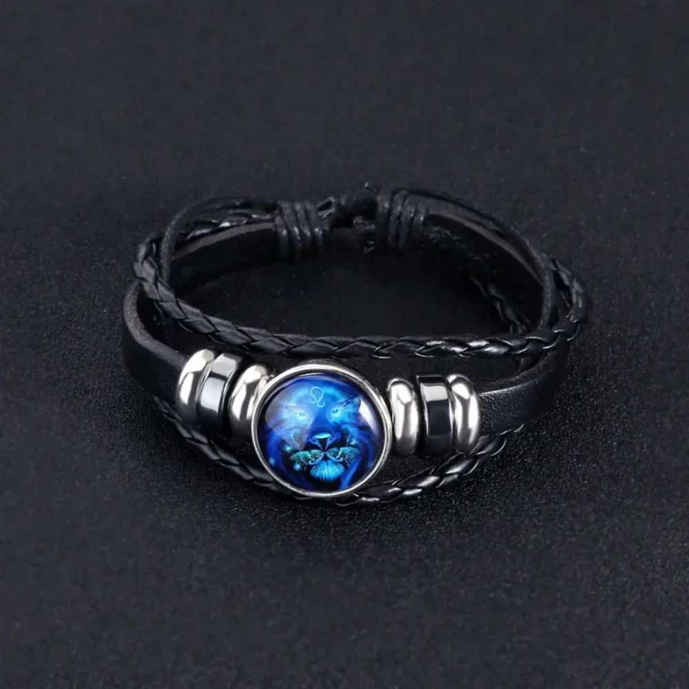12-Sternbild-Sternzeichen, schwarzes geflochtenes Lederarmband, Krebs, Löwe, Jungfrau, Waage, gewebte Glaskuppel, Schmuck, Punk-Männerarmband