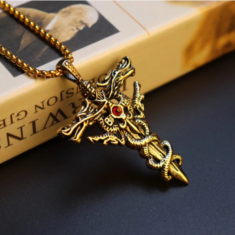 Punk Mode Titan Stahl Halskette für Männer Legierung Doppel Drachen Schwert Anhänger Choker Ring Vintage Bösen blick Kreuz Schmuck Geschenk