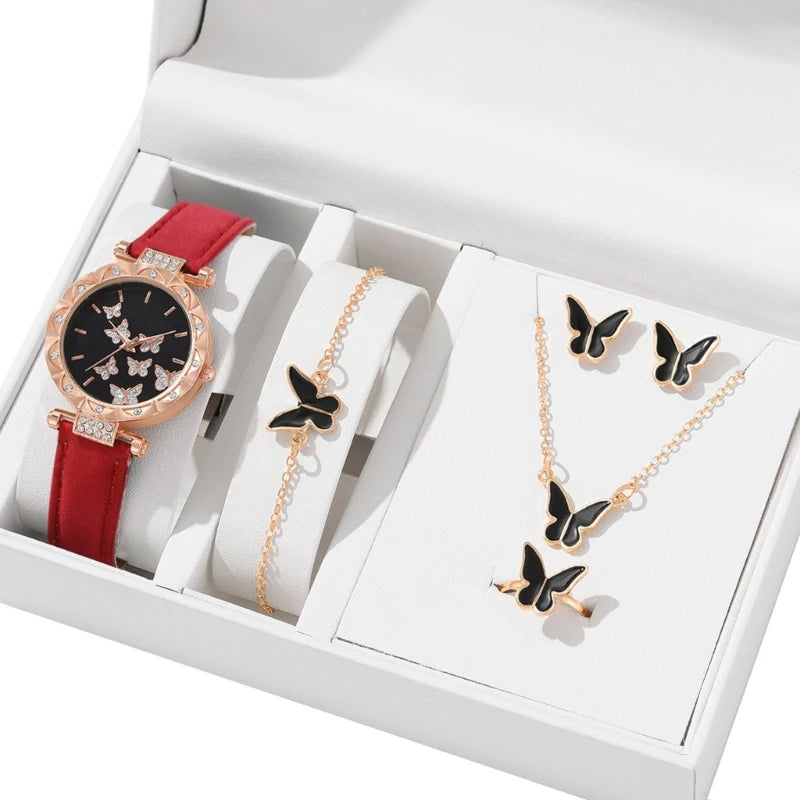 Schmetterlings schmuck Set (ohne Box) Frauen Uhren weibliche Leder Uhren ringe Halskette Ohrringe Armband Hochzeits geschenk