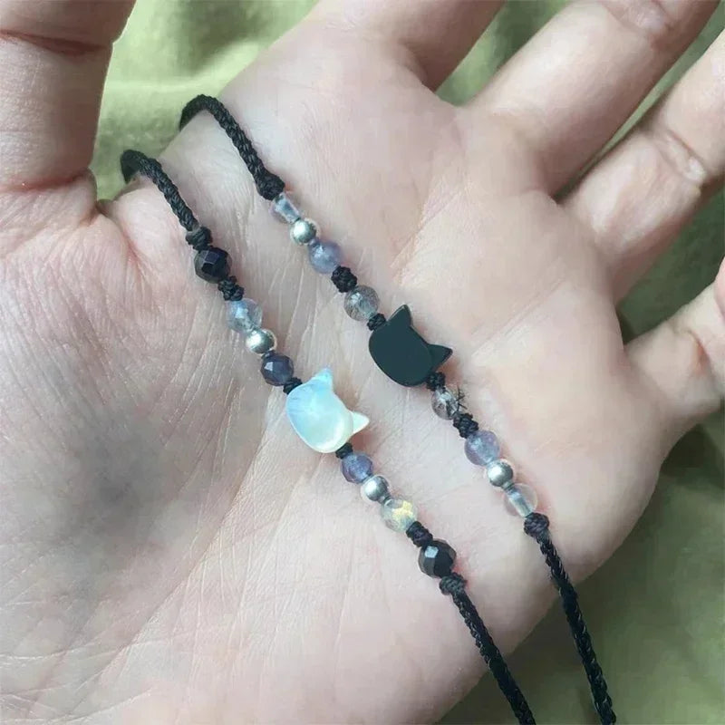 Süßes schwarz-weißes Kaninchen-Katzen-Armband, natürlicher Mondstein, Obsidian-Armbänder, Paar, minimalistisches Armband, handgefertigter Party-Schmuck, Geschenk