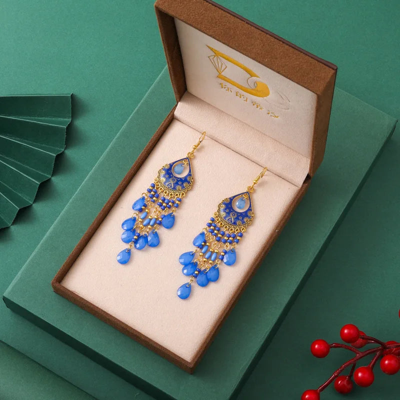 Böhmische lange Acryl-Wassertropfen-Quasten-Ohrringe für Frauen, ethnische mehrfarbige Perlen, Tropfenöl, handgefertigte baumelnde Ohrringe, Boho-Schmuck