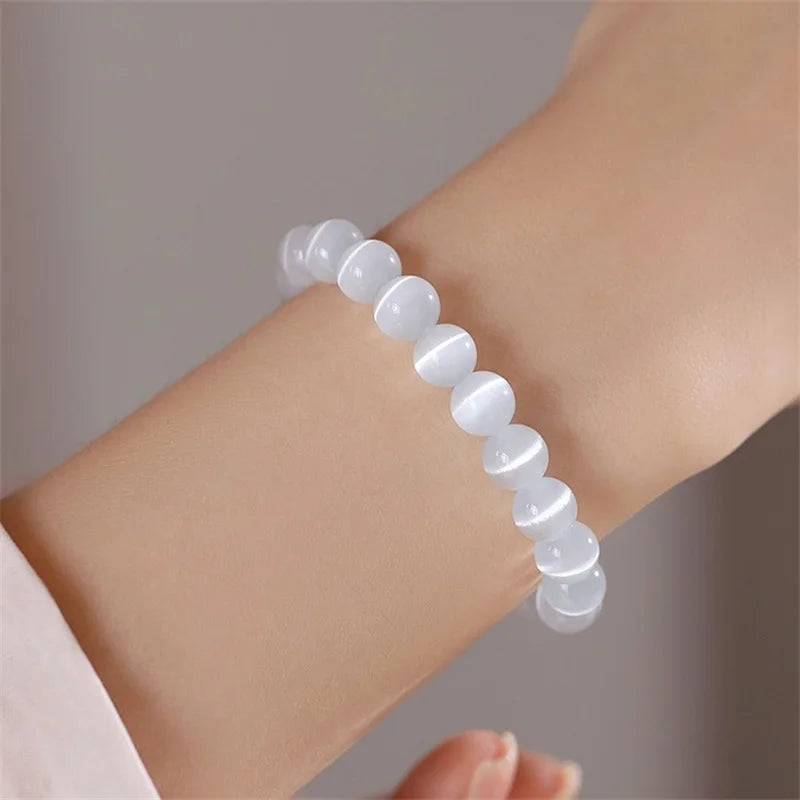 100 % natürliches weißes Katzenaugen-Stein-Armband für Damen, 6/8/10 mm, glattes Perlenarmband, Geschenke für Liebhaber, Mondstein-Armband