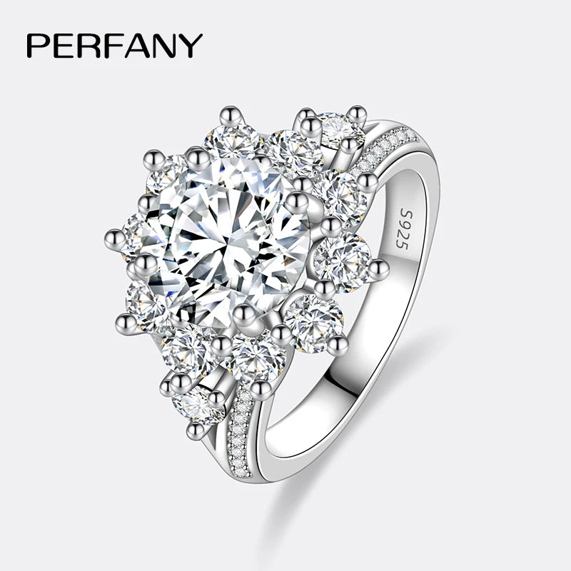 PERFANY 3CT Sonnenblumen-Moissanit-Ring für Damen, S925 reines Silber vergoldet, 18 Karat Weißgold, Diamant, luxuriöser Hochzeitsschmuck