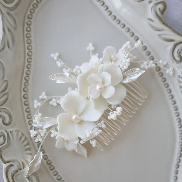 SLBRIDAL Handgemachte Luxus Strass Süßwasser Perlen Ceram Blume Braut Tiara Hochzeit Brautjungfern Krone Frauen Haar Schmuck