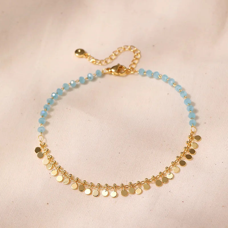 ANENJERY 18K vergoldete Quasten Charm Fußkettchen für Frauen Boho Sommer Armband Blauer Stein Perlen Handgefertigter Schmuck Großhandel