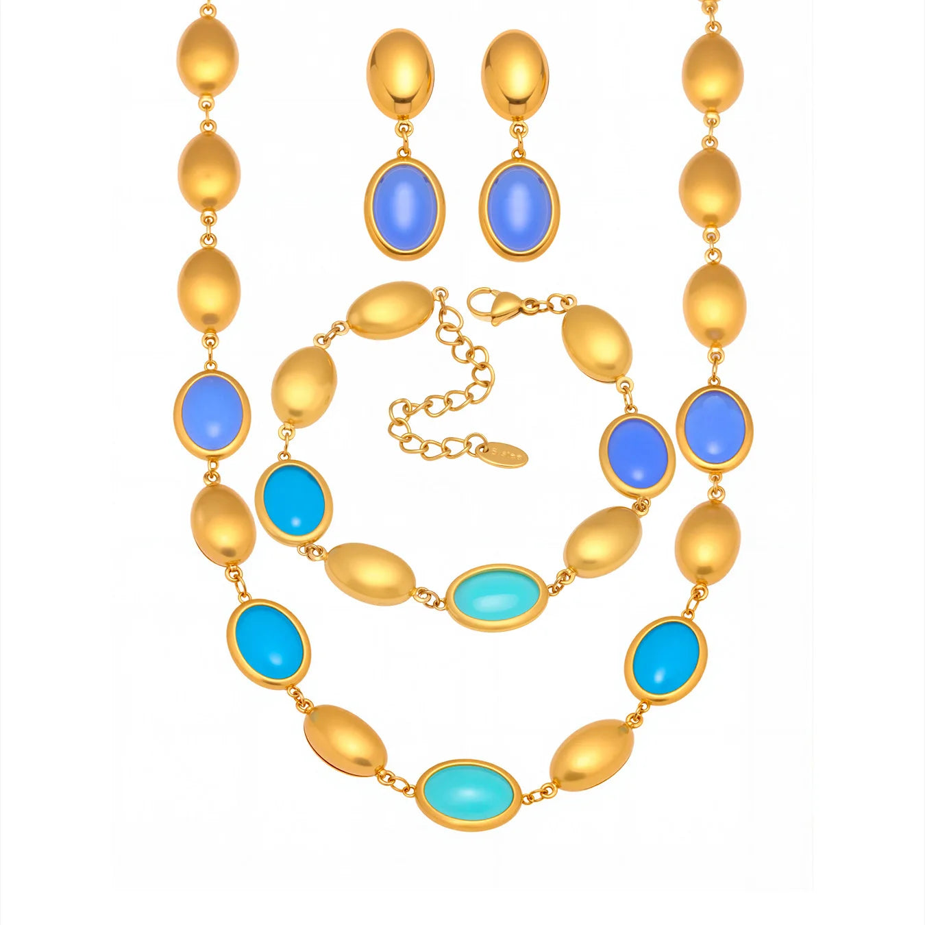 Mehrfarbige Opal-Halskette, Armband, Ohrringe für Damen, 18 Karat vergoldeter Edelstahl, Damen-Halsketten, Armbänder, Ohrringe-Set