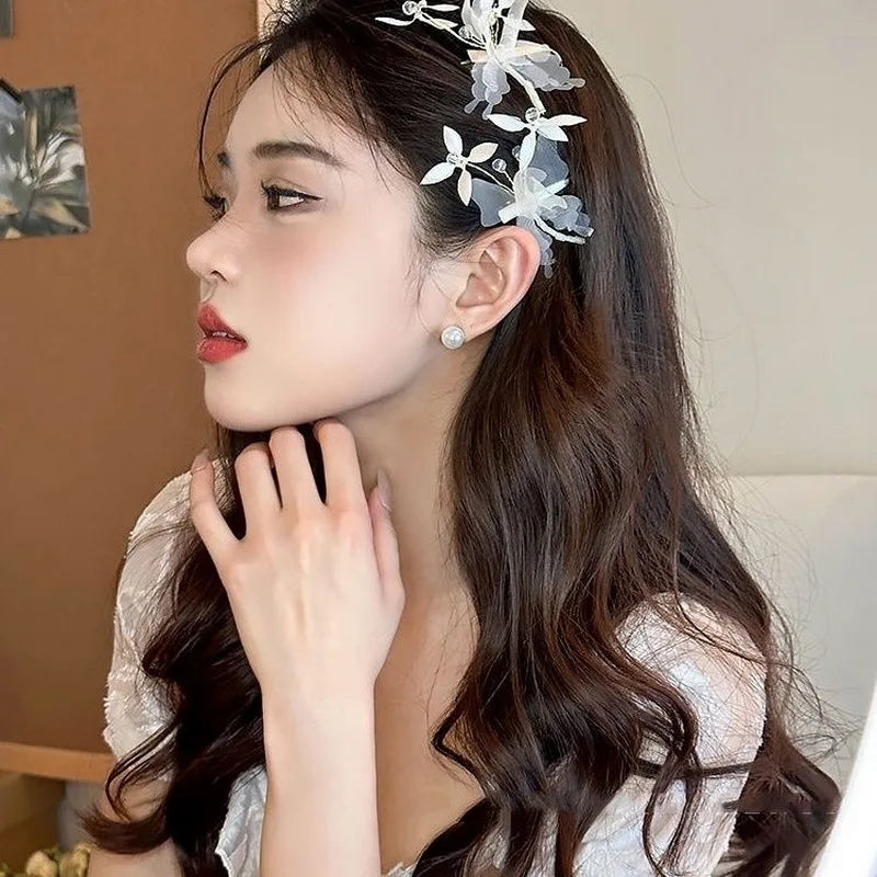 2024 Retro-Schmetterlings-Haarspange für Frauen, niedliche blaue Schleife, Haarspange für Mädchen, Perlen-Haarspangen, rosa Haarnadel, Hanfu-Haar-Accessoire