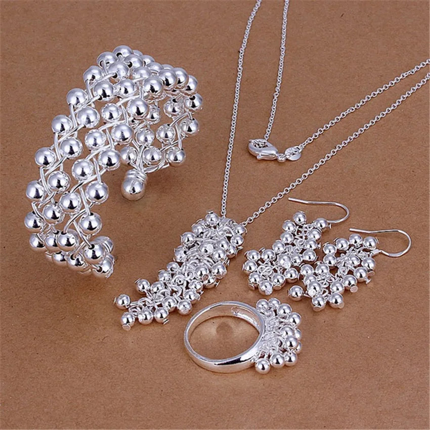 Beliebte Marken Feiner Traubenperlen-Anhänger-Armreif aus 925er-Sterlingsilber, Schmuckset, Ohrringe, Armband, Ringe, Halsketten für Frauen, Geschenke