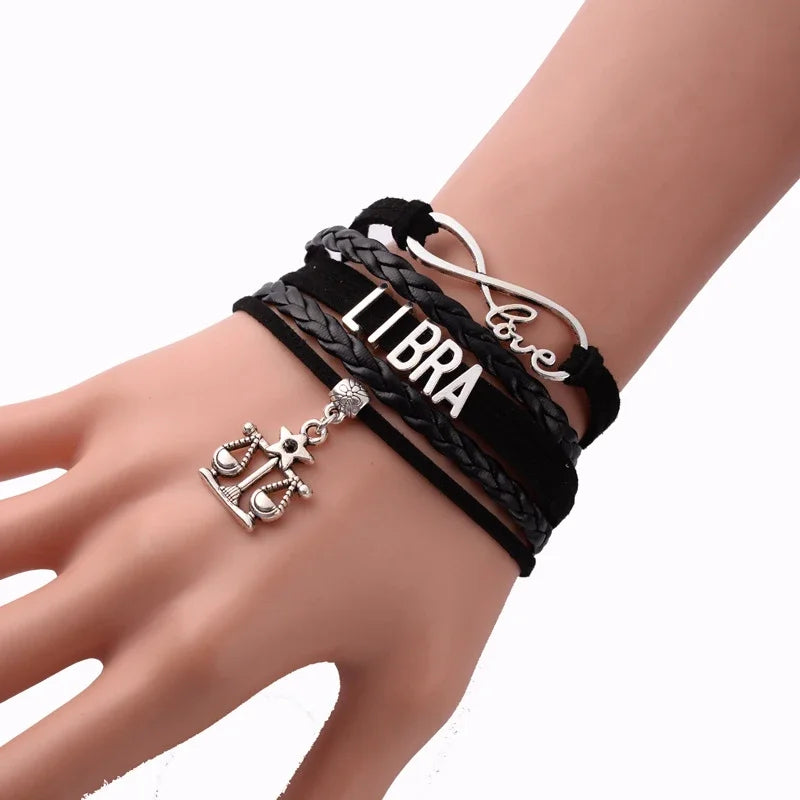 12-Sternbild-Sternzeichen, schwarzes geflochtenes Lederarmband, Krebs, Löwe, Jungfrau, Waage, gewebter Schmuck, Punk-Männer-Anhänger-Armband 2022