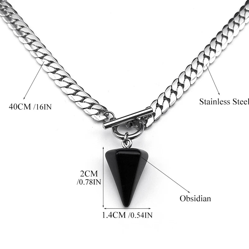 Goth Obsidian Reiki Heilung Pendel für Wahrsagerei Halskette Frauen Edelstahl Kette Kegel Anhänger Halsketten Schmuck NXS03