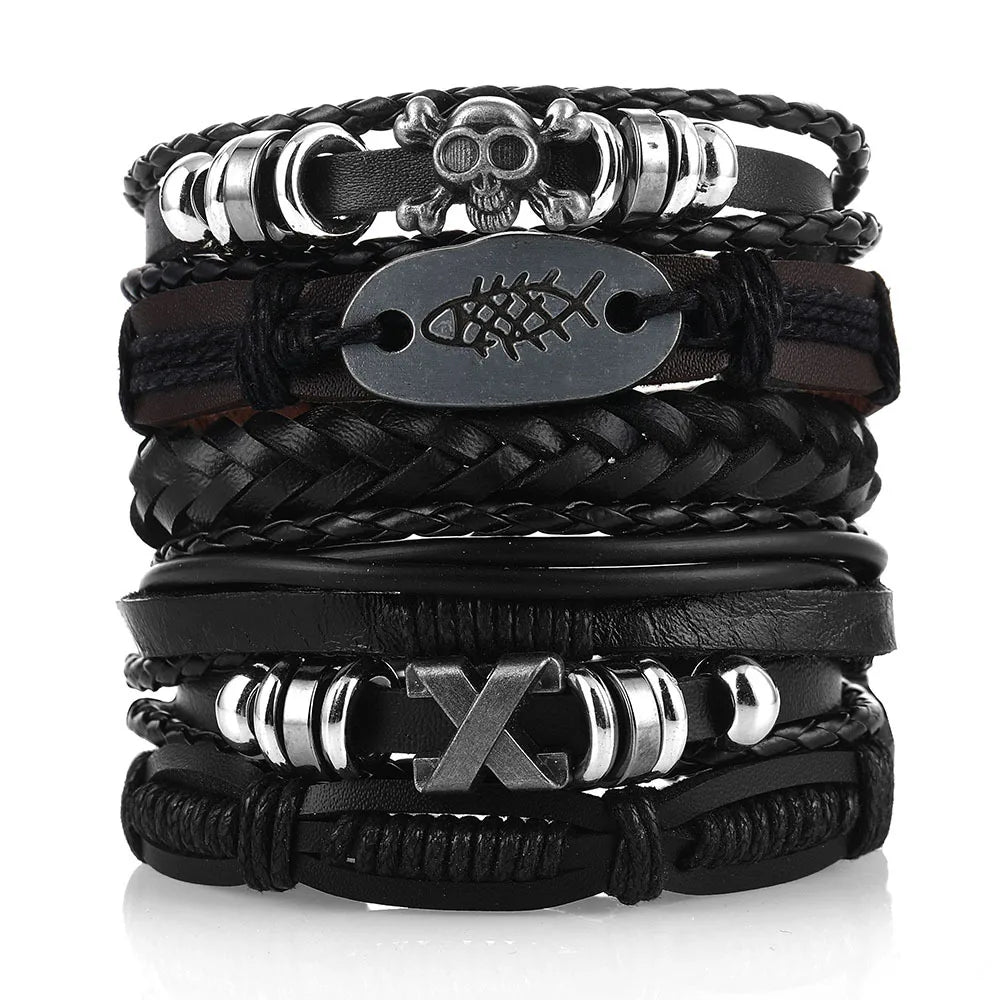 Mode Armband Viking Armband für Männer Hand Armbänder gewebt Schädel Hand Schmuck verstellbare Leder Set Viking Mann Armband