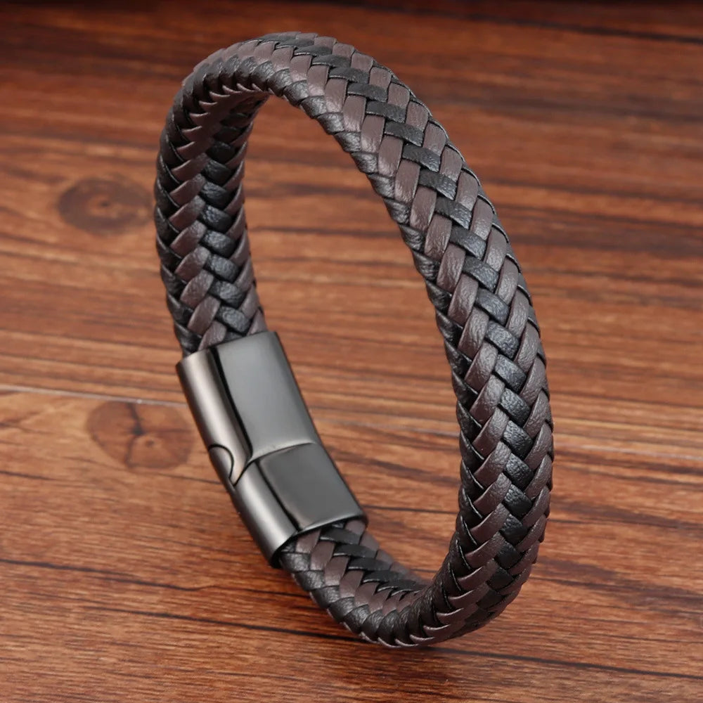 MKENDN Punk Männer Geflochtene Echte Schwarz Kaffee Leder Armband Schwarz Edelstahl Magnetische Schnalle Armband Geschenke Homme Pulsera