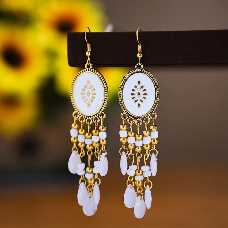 Bohemian Lange Bunte Quaste Perlen Wasser Tropfen Baumeln Ohrringe Für Frauen Vintage Gold Farbe Tropfen Glasur Ohrringe Pendientes Mujer