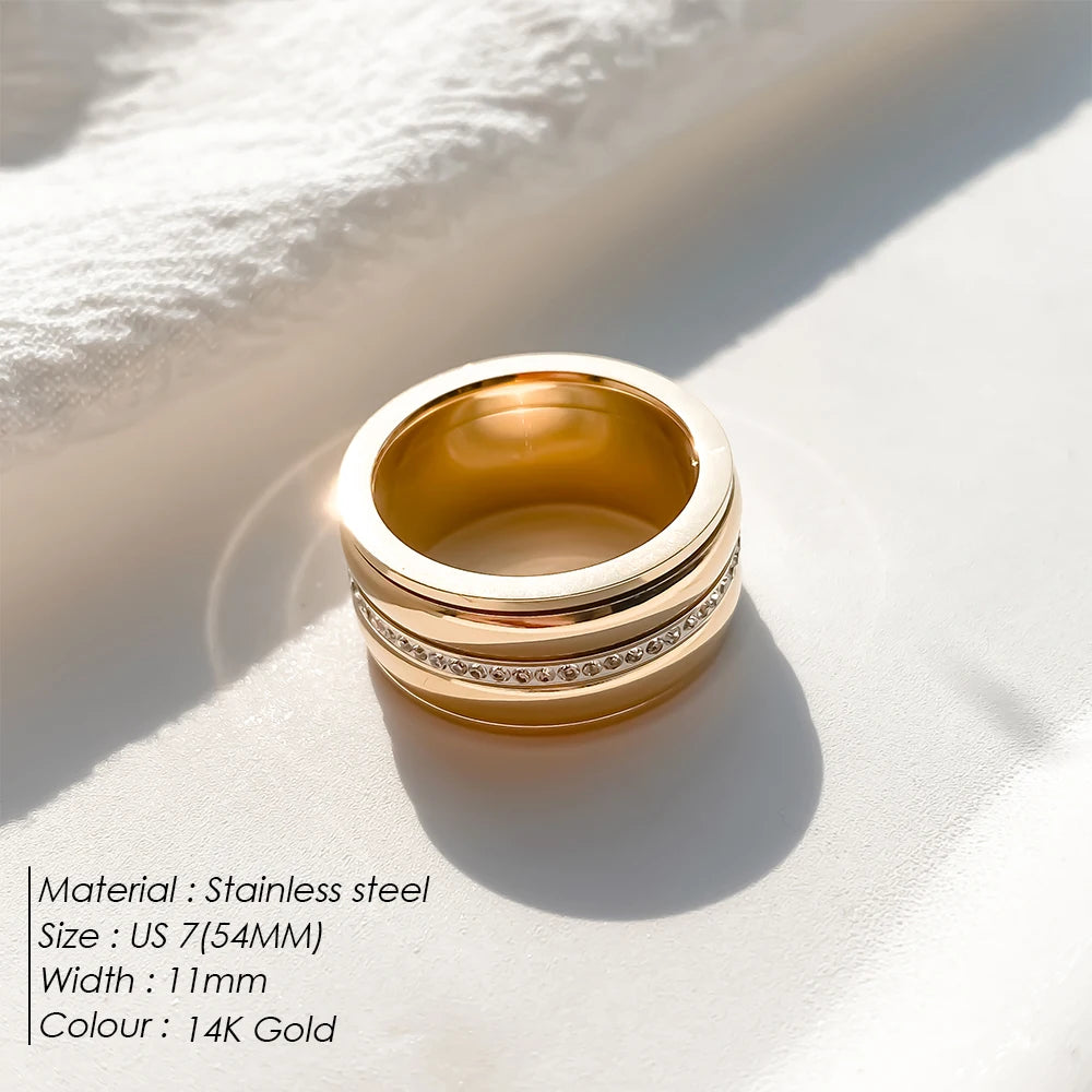 eManco Wide Face Intarsien Strass vergoldet Ring Metallic Paar Edelstahl Schmuck Ringe Fabrik Direkt Großhandelspreis
