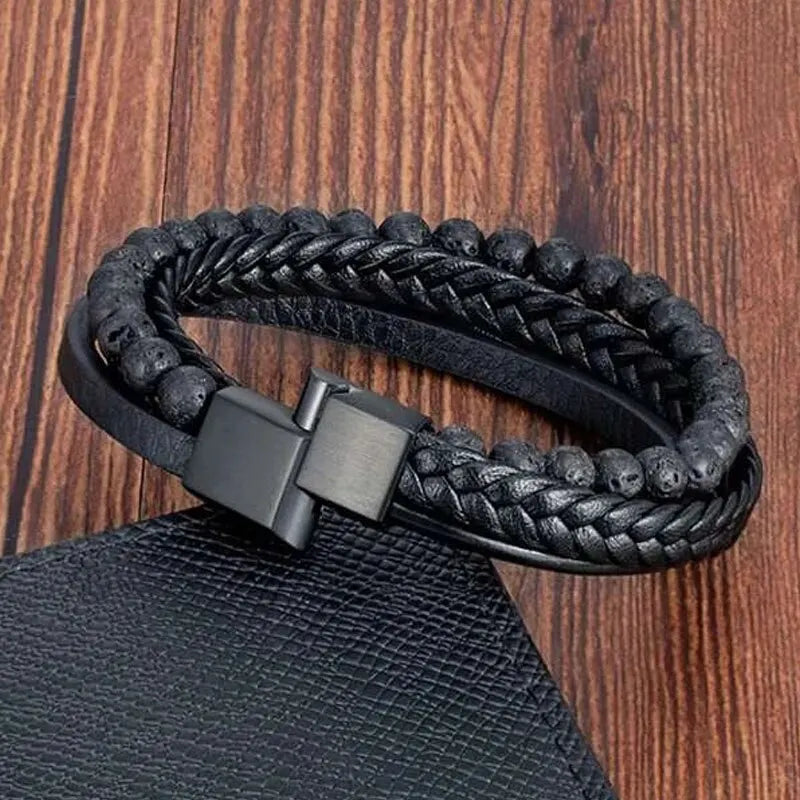 Mode Vulkanstein Perlen Armband Mutilayer Geflochtenes Leder Armband Für Männer Edelstahl Magnetische Armreif Schmuck Geschenk