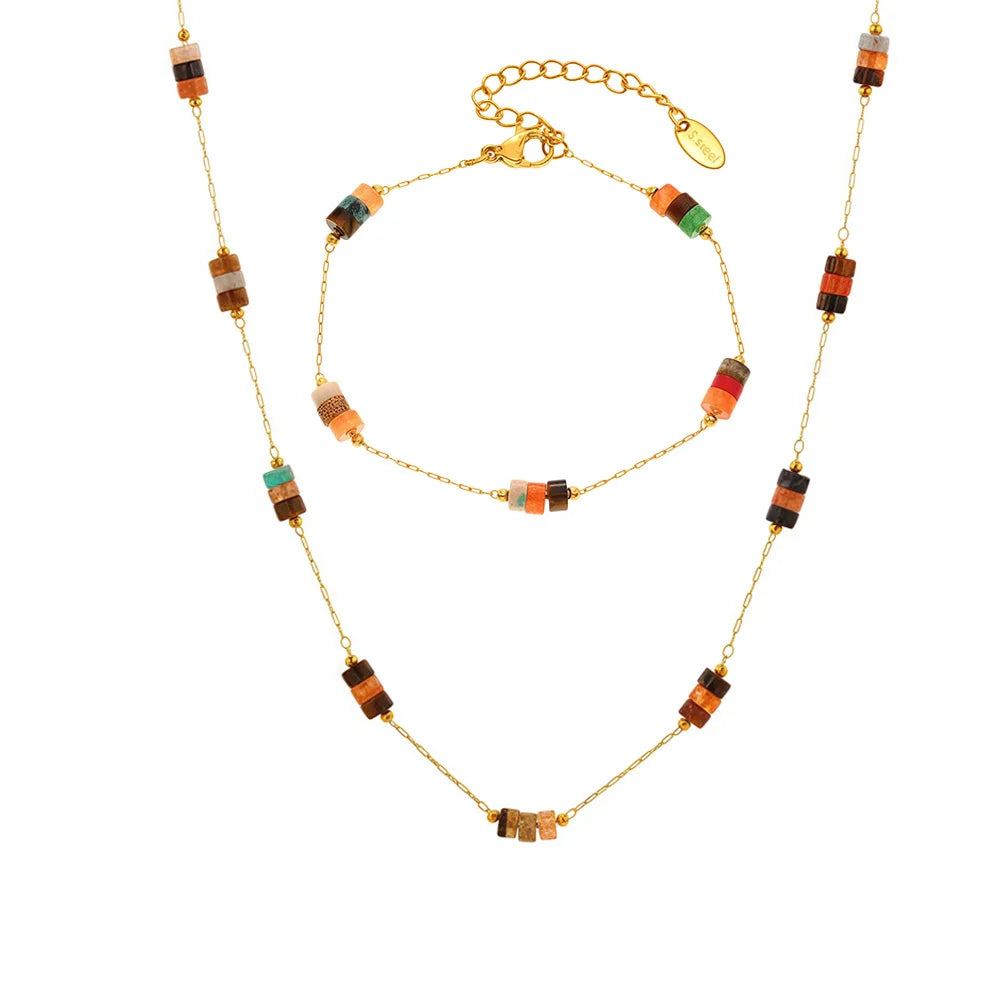 Liora No Anlauffarben Stein Halskette Armbänder Für Frauen Edelstahl Dünne Kette Schmuck Sets PVD Vergoldet Frauen Schmuck