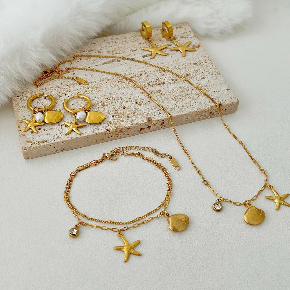 ALTERA Neue Böhmen Handgemachte Edelstahl Halskette Ohrringe Armband Shell Seestern Charme Wasserdicht Schmuck Set Sommer Strand