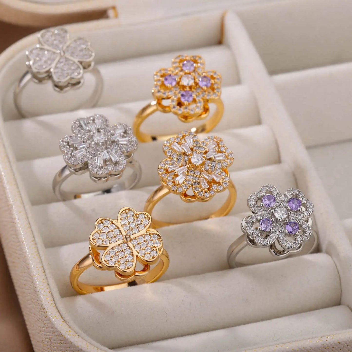Spinner Zirkon Herz Vierblättriges Kleeblatt Ringe Für Frauen Edelstahl Anti Stress Angst Zappeln Ring Schmuck Weihnachten Geschenk