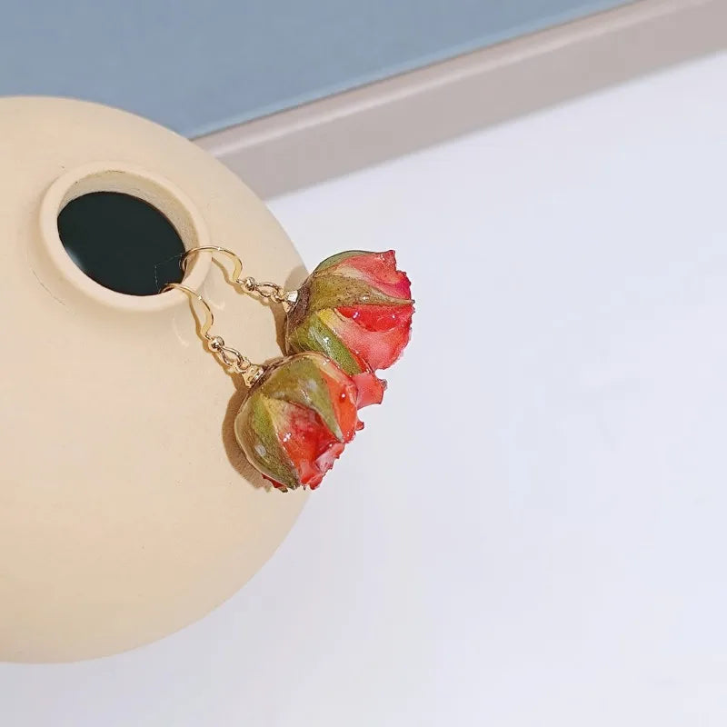 Einzigartige getrocknete Blumenohrringe, elegante natürliche Rose, Blumenperle, Quaste, lange Ohrringe, Epoxidharz, Rosenohrringe, Schmuck im Großhandel