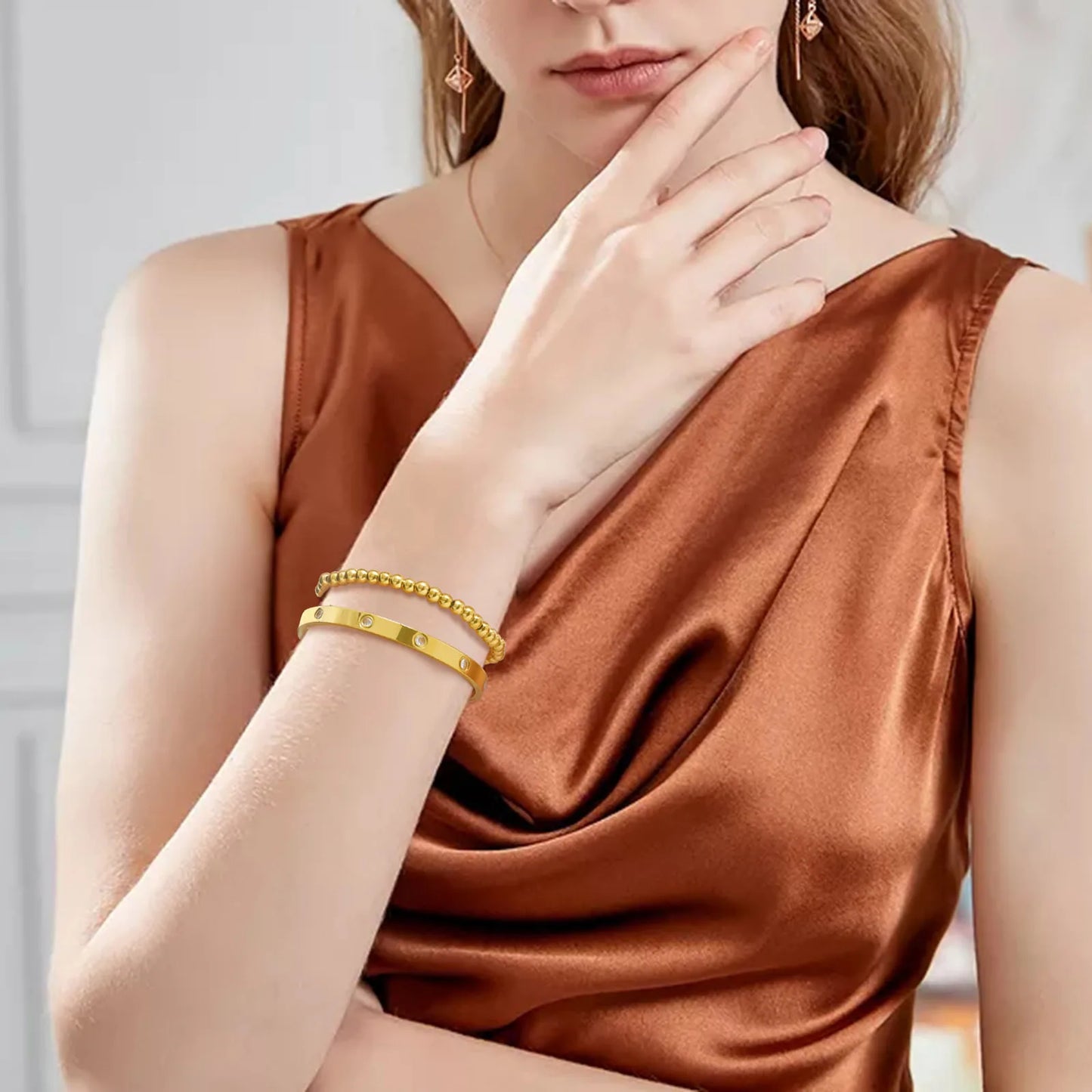 Vnox 2–8 mm Damen-Armbänder-Set, einfache gestapelte vergoldete Edelstahl-Perlen-Armbänder, glamouröse Liebesgeschenk-Manschettenarmbänder für Sie