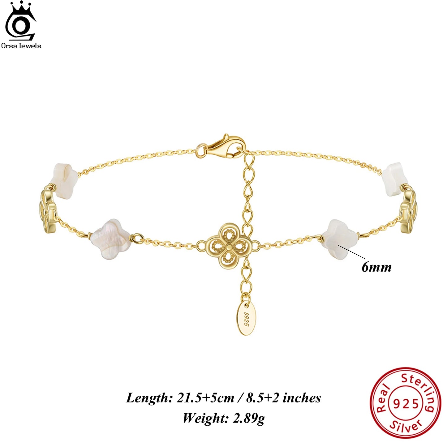 ORSA JEWELS Fußkettchen aus 925er-Sterlingsilber mit weißer Muschel, vierblättriges Kleeblatt-Design, Naturstil, Glückssymbol, Sommer-Accessoire, Geschenk GMA03