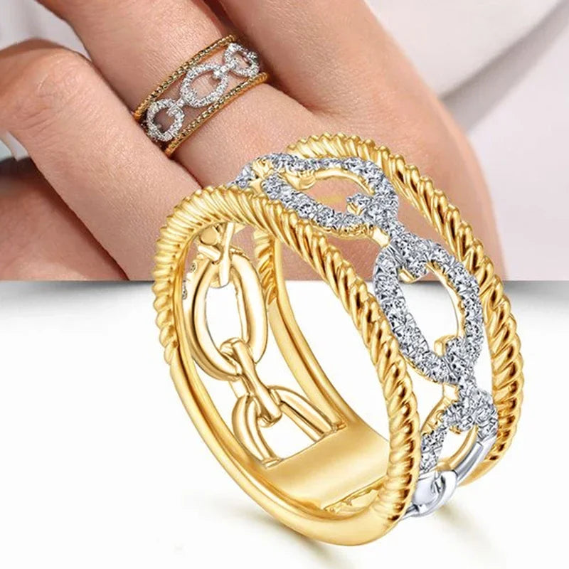Huitan Luxuriöse Ringe mit zweifarbigem Design, wunderschönes ausgehöhltes Fingerzubehör für Frauen, zarter Schmuck für Verlobungsfeier
