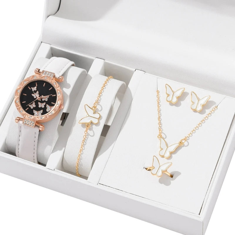 Schmetterlings schmuck Set (ohne Box) Frauen Uhren weibliche Leder Uhren ringe Halskette Ohrringe Armband Hochzeits geschenk