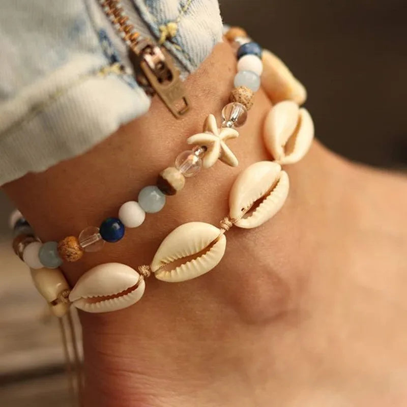 Fußkettchen-Set mit Seestern-Perlen, Perlenkette für Damen, Charm, Fußkettchen am Bein, handgefertigter Schmuck, Geschenke, Sommer, Strand, Mode