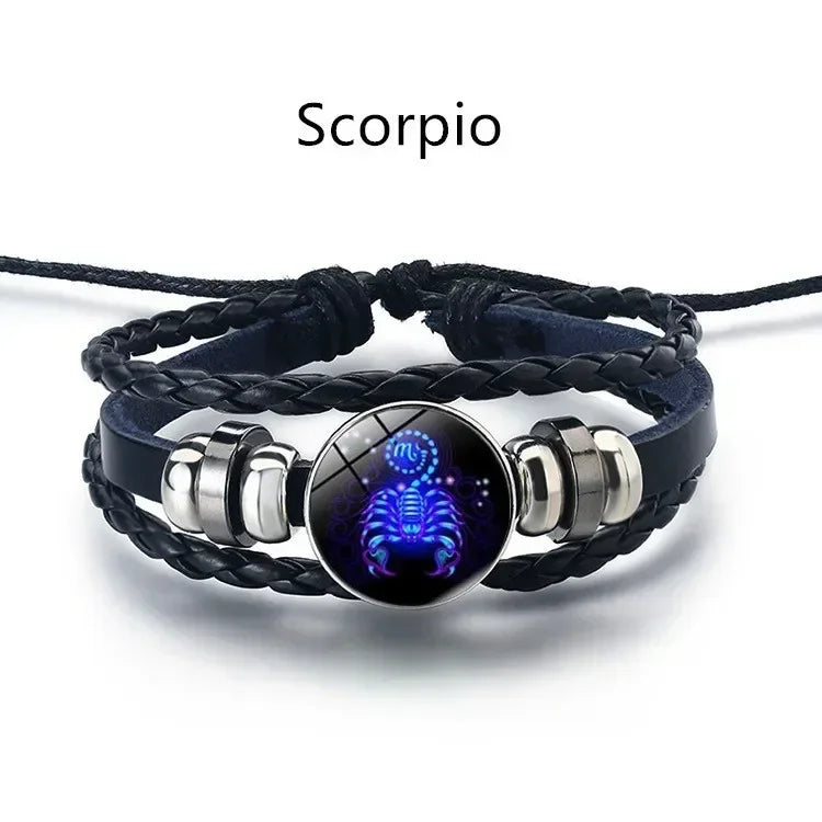 12-Sternbild-Sternzeichen, schwarzes geflochtenes Lederarmband, Krebs, Löwe, Jungfrau, Waage, gewebte Glaskuppel, Schmuck, Punk-Männerarmband