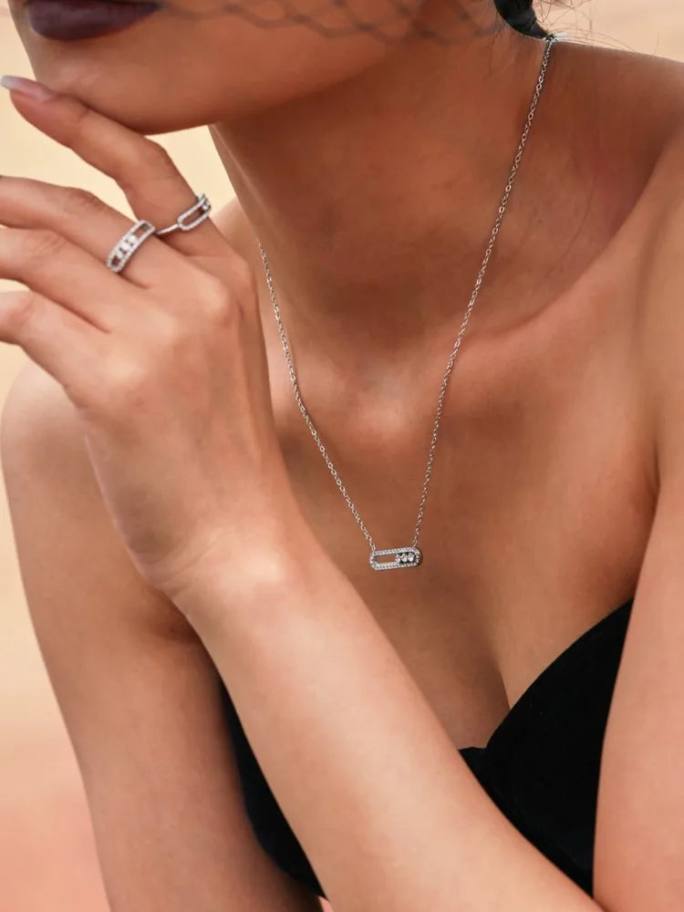 Edelstahl-Ketten-Halsketten, Ringe für Damen, 18 Karat vergoldet, mit beweglichem Zirkon-Anhänger, Halskette, passendes Ring-Schmuckset