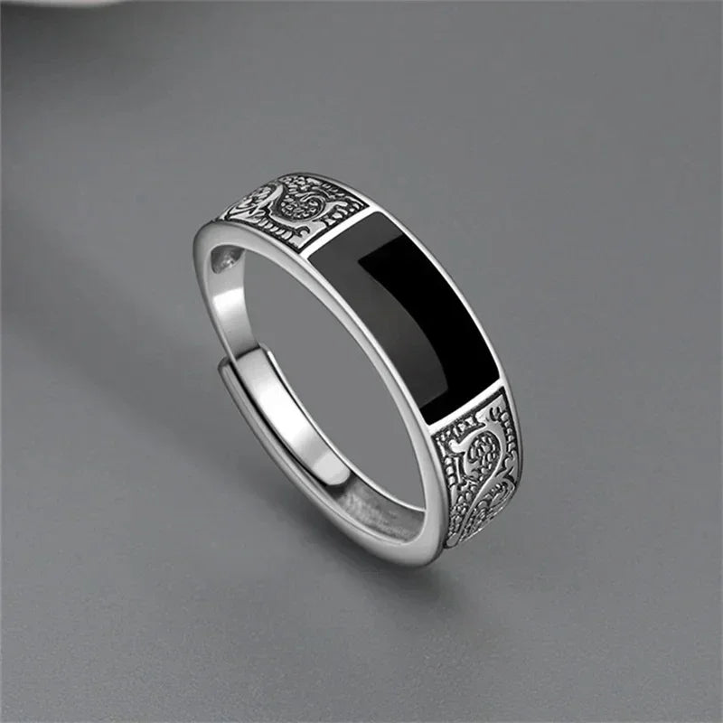 Trendiger Vintage-Ring aus 925er Silber für Herren, Schmuck, schwarzer rechteckiger Retro-Drachenmuster-Ring, männliche Ringe, verstellbar, Mohamed Nadal