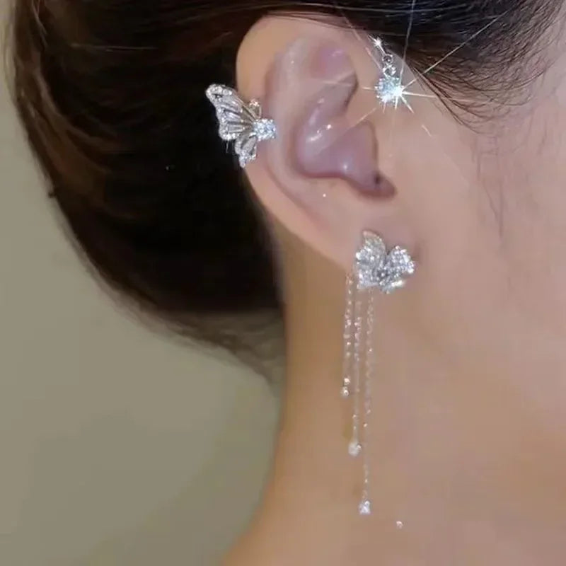 Glänzende Zirkon Schmetterling Ohr Manschette Gold Farbe Quaste Clip auf Ohrringe für Frauen Kupfer Ohrring Ohne Piercing Schmuck Ohr Schleife