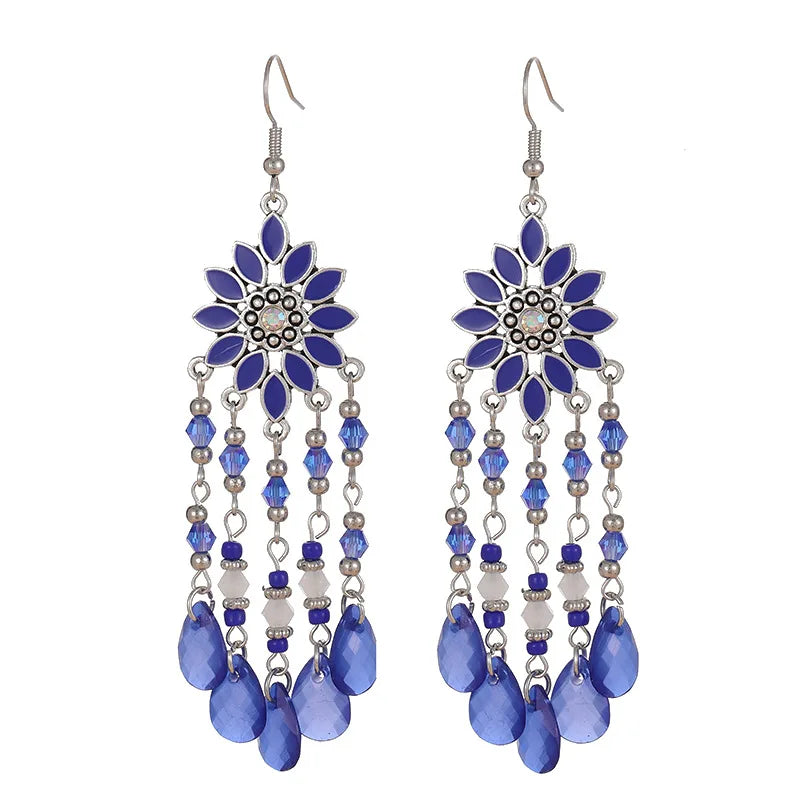 Neue Mode Böhmischen Vintage Blume Tropfen Baumeln Ohrringe Für Frauen Emaille Kristall Geometrische Schmuck Perlen Handgemachte Quaste Ohrringe