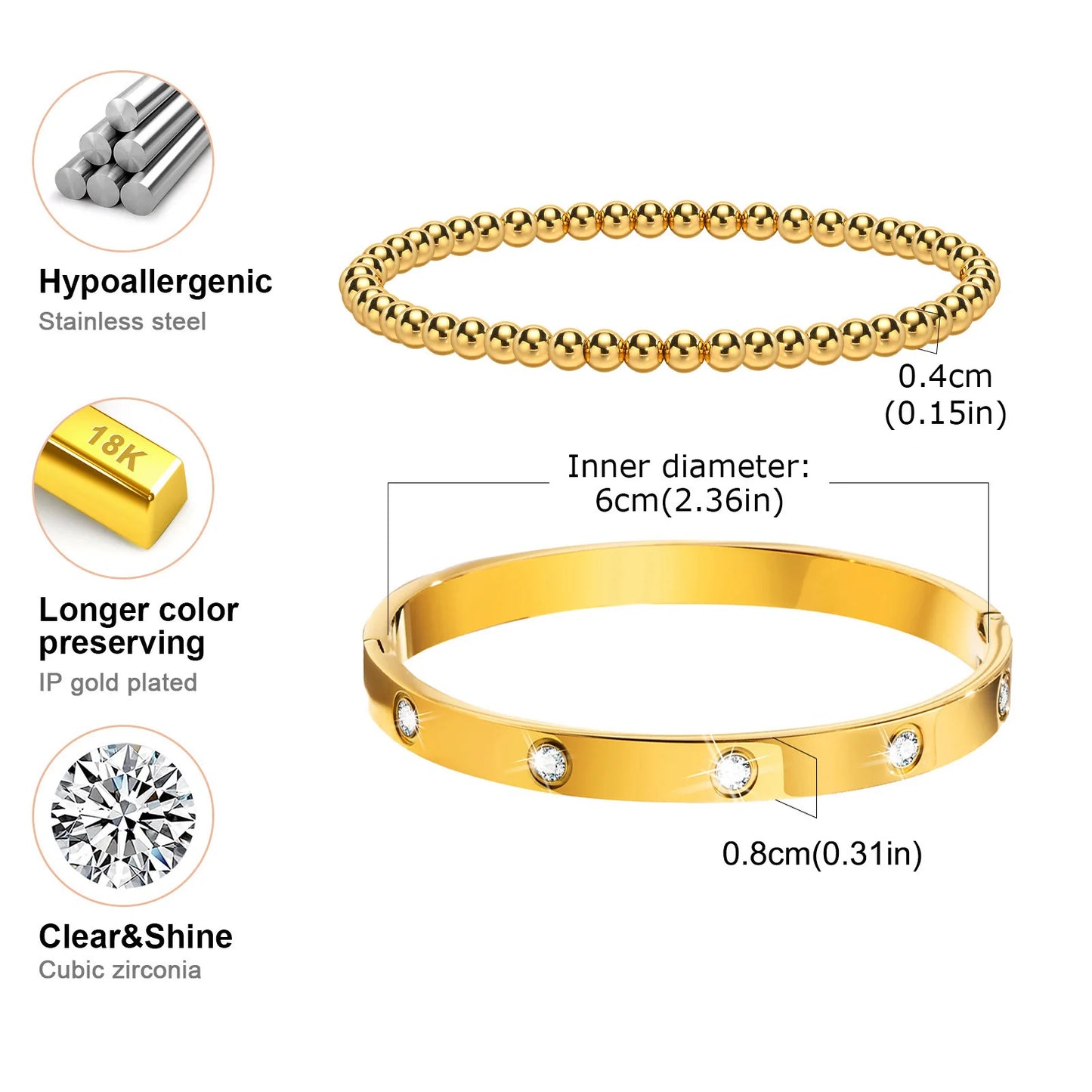 Vnox 2–8 mm Damen-Armbänder-Set, einfache gestapelte vergoldete Edelstahl-Perlen-Armbänder, glamouröse Liebesgeschenk-Manschettenarmbänder für Sie