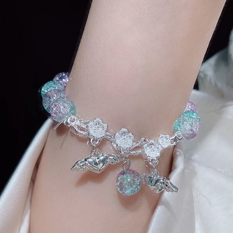 Schöne Frauen Hand Armbänder Schmetterling Herz Glocke Quaste Schloss Eis Rissige Perlen Glas Perlen Stretch Armreif Student Schmuck 1164