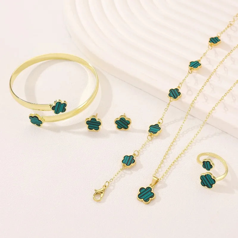 Lucky Fünfblättriges Blumenklee Ohrringe Halskette Ring Armband Fünfteiliges Set für Damen Modische Accessoires Partyschmuck