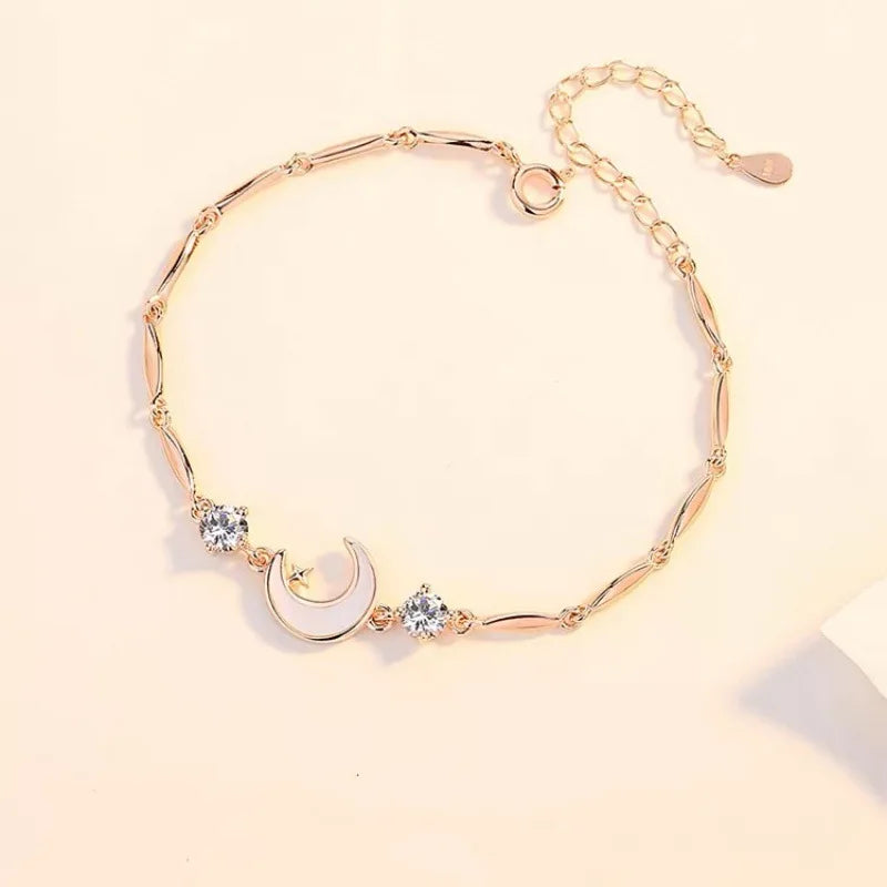 Damen-Armband aus 925er-Sterlingsilber mit Halbmond-Sternen, eingelegt mit Zirkon-Muschel, eingelegtem Mond, Silberschmuck-Armreif für Mädchen