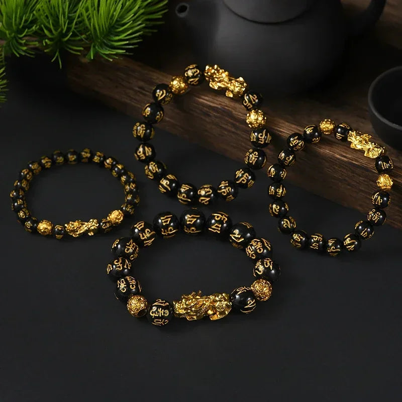 Schwarzes Obsidian-Reichtumsarmband, verstellbar, offiziell für negative Energien, Armband mit goldenem Pi Xiu Lucky, wohlhabendes Amulett-Armband