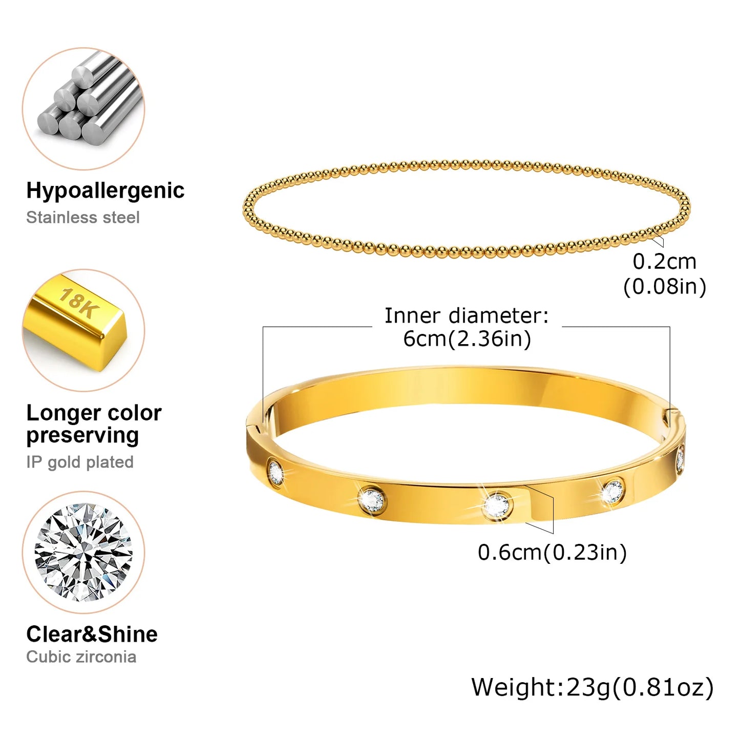 Vnox 2–8 mm Damen-Armbänder-Set, einfache gestapelte vergoldete Edelstahl-Perlen-Armbänder, glamouröse Liebesgeschenk-Manschettenarmbänder für Sie